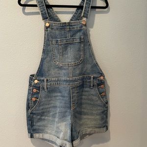 Dark wash denim overalls